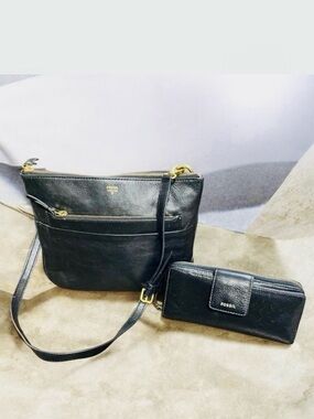 Fossil Shoulder Crossbody Bag  Wallet Black Leather Set